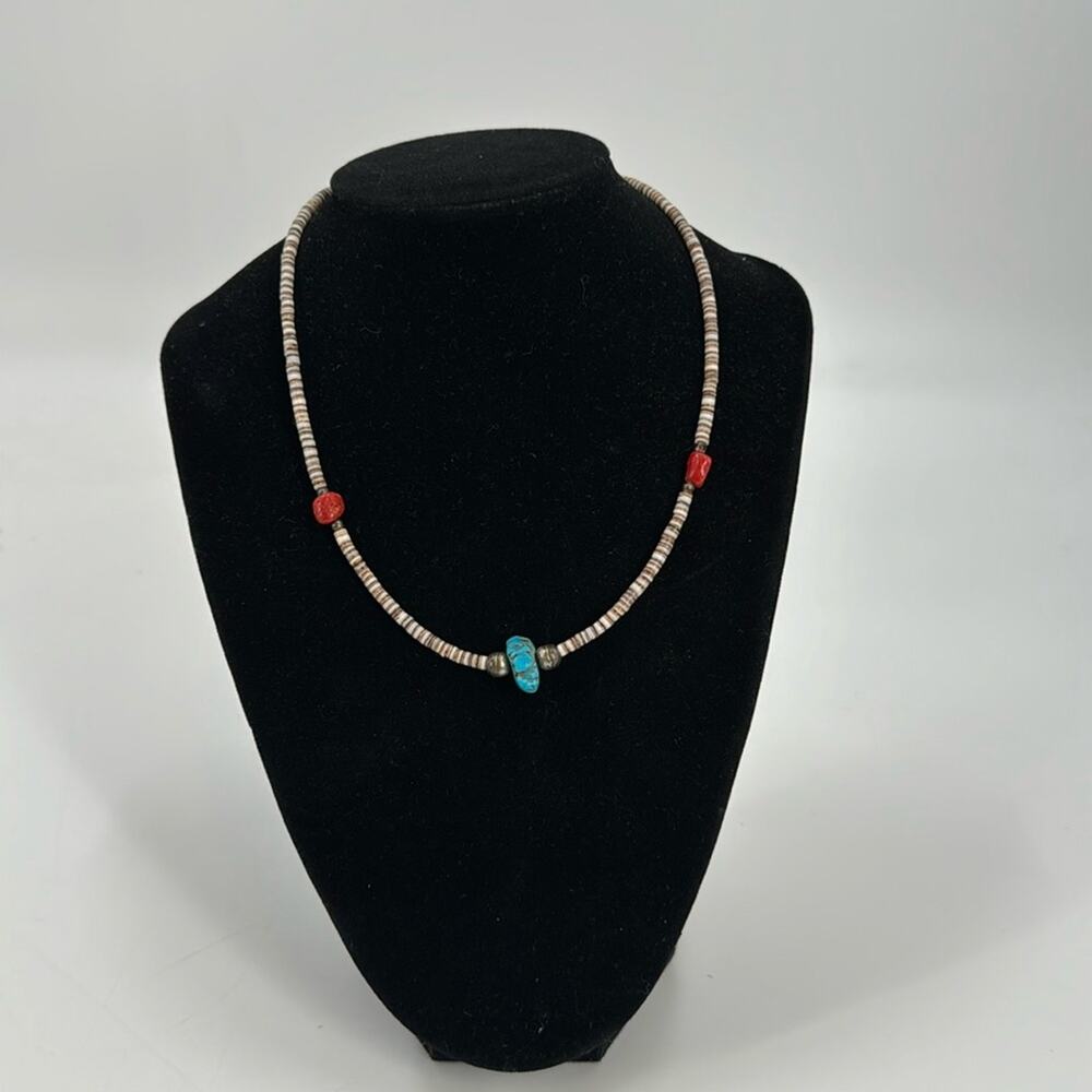 Vintage native made turquoise coral and shell beaded choker necklace